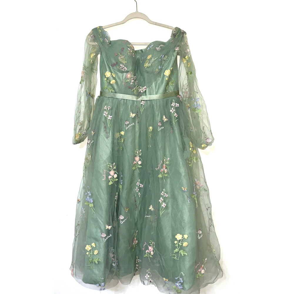 Green Floral Off-Shoulder Wedding Dress